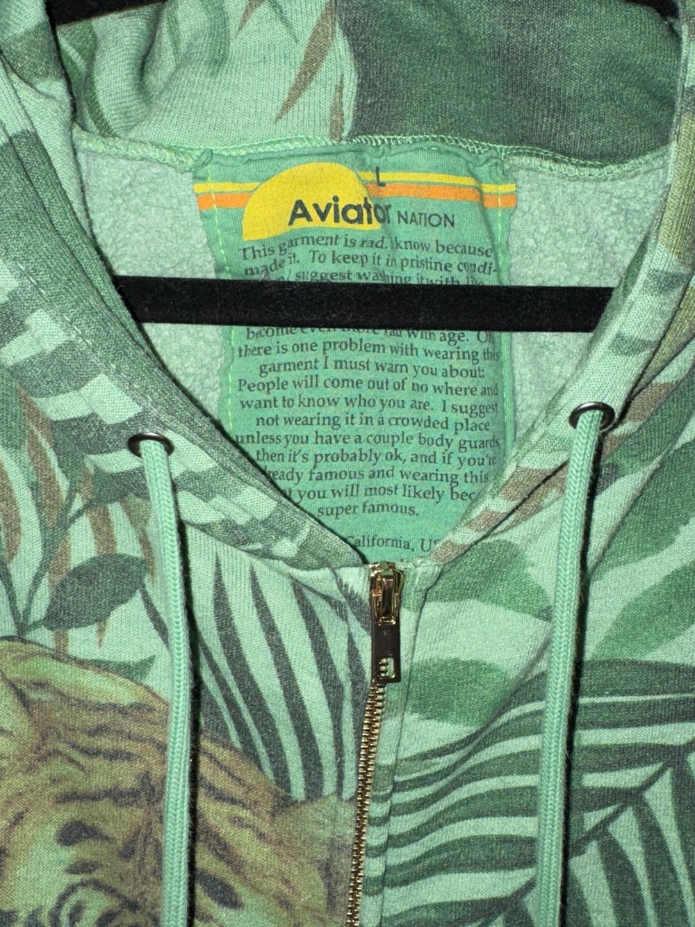 Rare Aviator Natuon Green Tiger Print Zip-Up Hoodie L - Picture 2 of 10